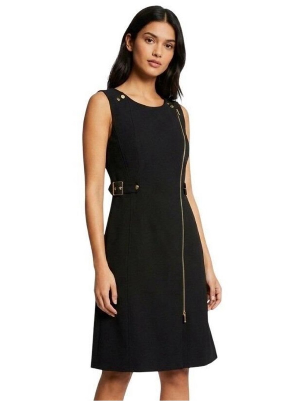 Calvin Klein Black Sleeveless Sheath Dress with Gold Zip and gold accents size S